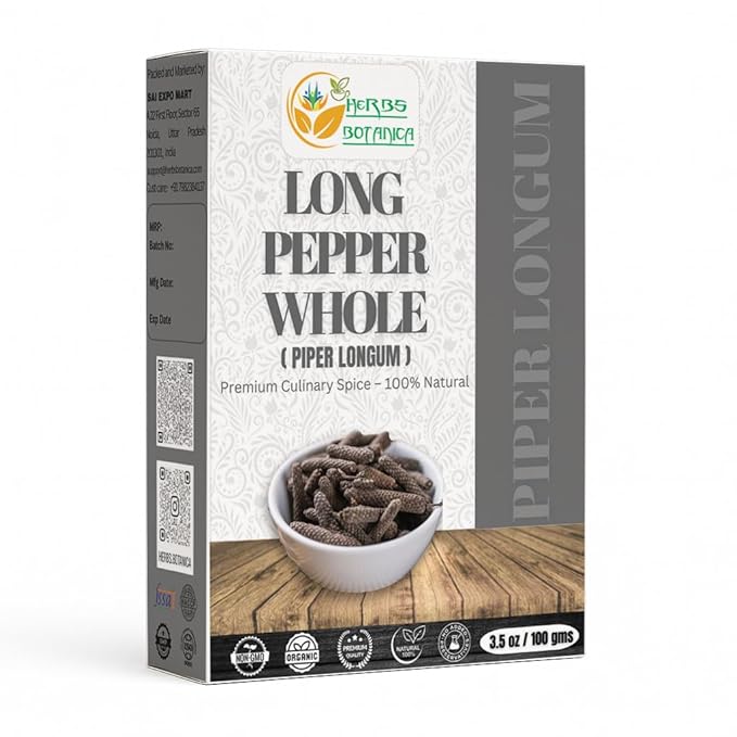 Herbs Botanica Long Pepper Whole (Piper Longum), Black Peppercorns Pippali for Cooking, Herbal Remedies, Pure Indian Spice, Dried Natural Longum, 3.52 oz / 100 gm, Ayurvedic Uses