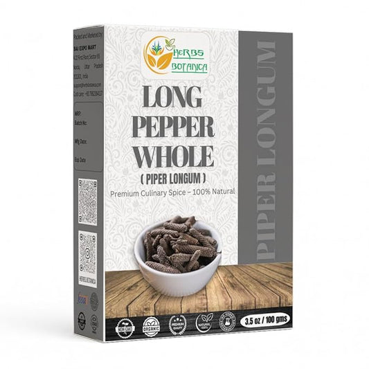 Herbs Botanica Long Pepper Whole (Piper Longum), Black Peppercorns Pippali for Cooking, Herbal Remedies, Pure Indian Spice, Dried Natural Longum, 3.52 oz / 100 gm, Ayurvedic Uses