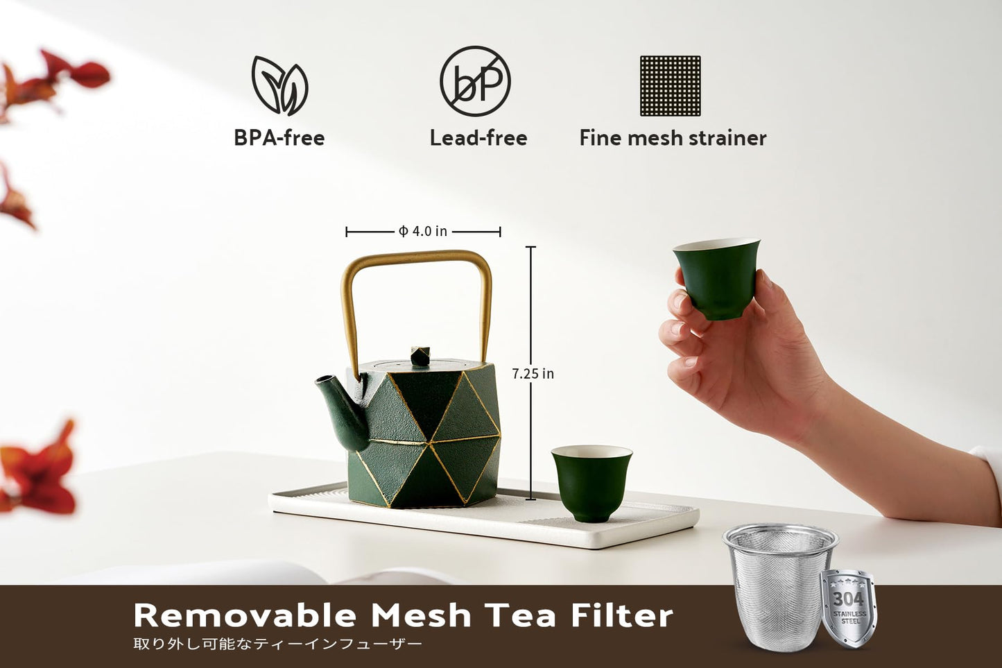 Toptier Cast Iron Teapot, Stovetop Safe Japanese Cast Iron Tea Kettle, Diamond Design Tea Pot with