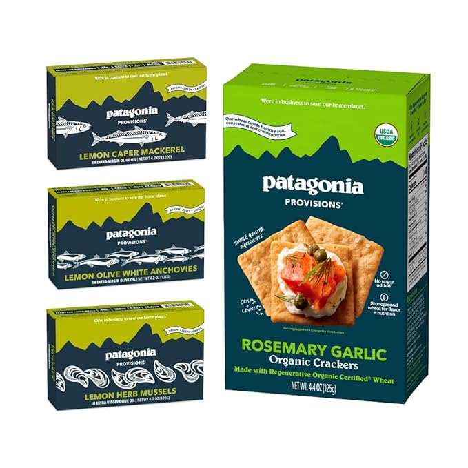 Patagonia Provisions Lemon Lovers Sampler with Rosemary Garlic Crackers | (1) Lemon Caper Mackerel, (1) Lemon Olive Anchovies, (1) Lemon Herb Mussels