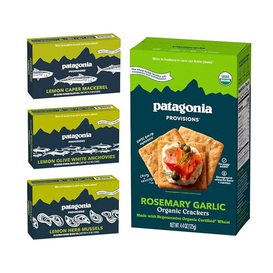 Patagonia Provisions Lemon Lovers Sampler with Rosemary Garlic Crackers | (1) Lemon Caper Mackerel, (1) Lemon Olive Anchovies, (1) Lemon Herb Mussels