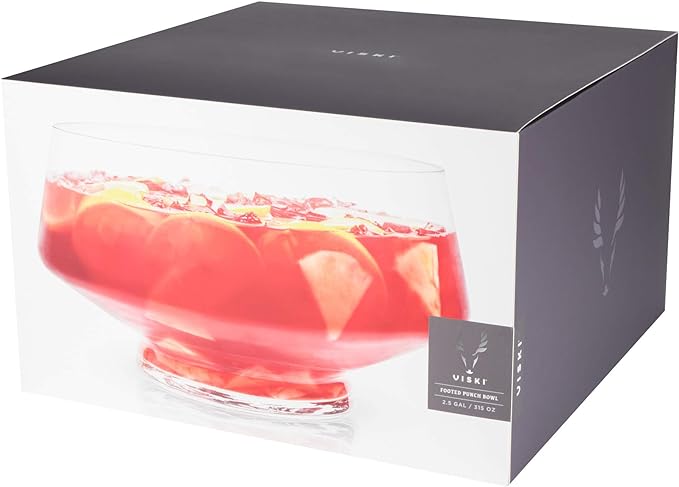 Viski Footed Glass Punch Bowl, Heavy Base Large Punch Bowl with Angled Design, Party Serveware for Cocktails & Functional Centerpiece, Clear, 2.5gal