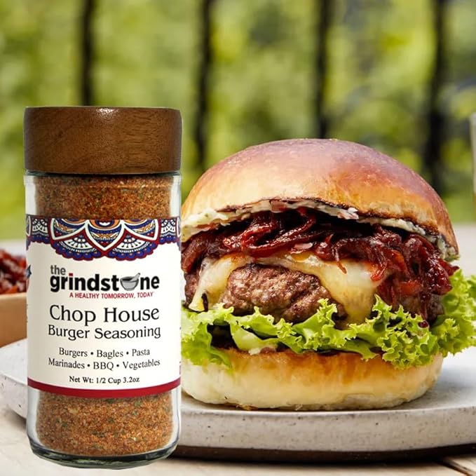 The Grindstone, Salt-Free Chop House Burger Seasoning, Spice mix for Burgers, BBQ, Veggies, Pasta, Grilling, 3 oz. Glass Jar with Sifter, Pack of 2