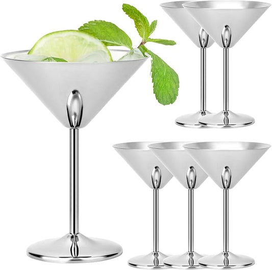 QWORK 304 Stainless Steel Martini Glasses - 8oz Unbreakable, 6 Pack Shatterproof Cocktail Goblets - 18/8 Mirror Finish - Ideal for Whiskey, Margarita, Manhattan & More - Dishwasher Safe