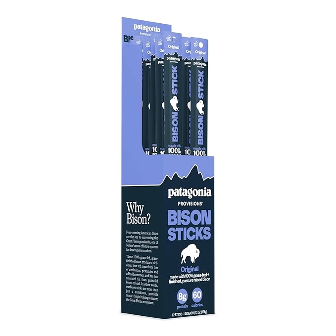 Patagonia Provisions Bison Sticks - Original | 100% Grass-Fed, 8g of Protein, 60 Calories | No Artificial Ingredients, Added Flavors, Fillers, or Nitrates | Pack of 12, 1 oz Each