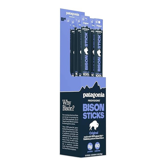 Patagonia Provisions Bison Sticks - Original | 100% Grass-Fed, 8g of Protein, 60 Calories | No Artificial Ingredients, Added Flavors, Fillers, or Nitrates | Pack of 12, 1 oz Each