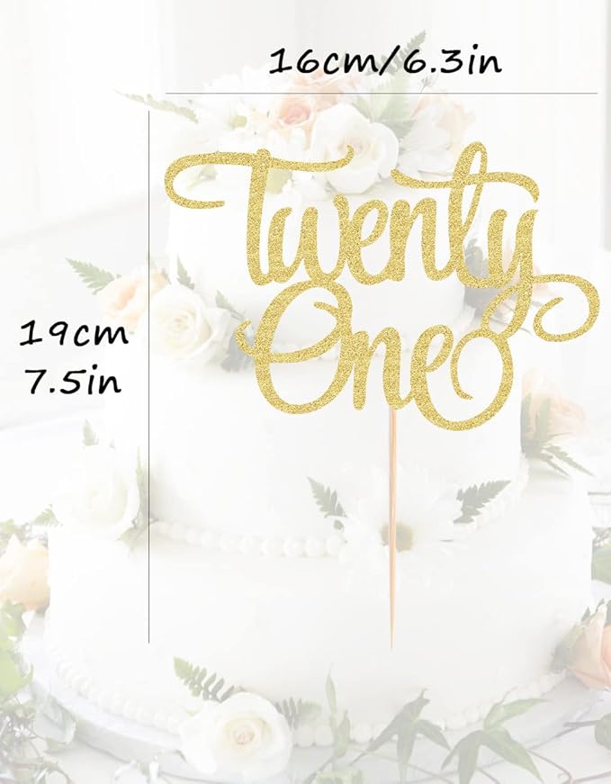 Twenty One Cake Topper - Gold Glitter 21st Birthday Cake Decorations Supplies - Cheers to 21 Years Birthday Party Cake Decor Decoration Photo Booth Props