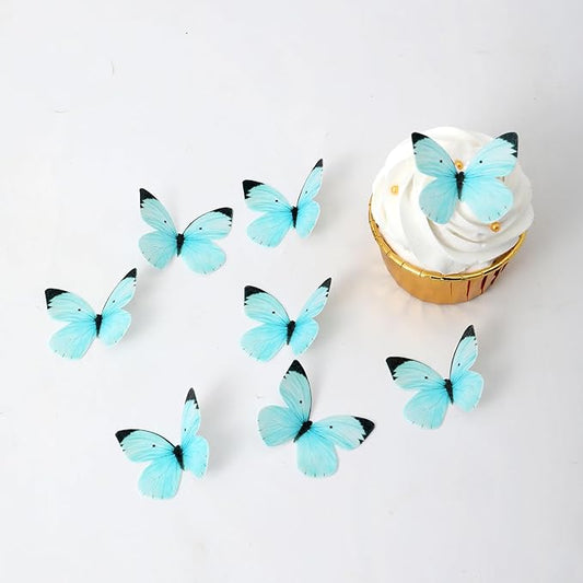 50PCS Edible Butterfly Cake Decorations Wafer Paper Butterflies Cake Cupcake Toppers for Women Girls' Birthday Anniversary Wedding Baby shower party Butterfly Fairy Cake Decor Light Blue