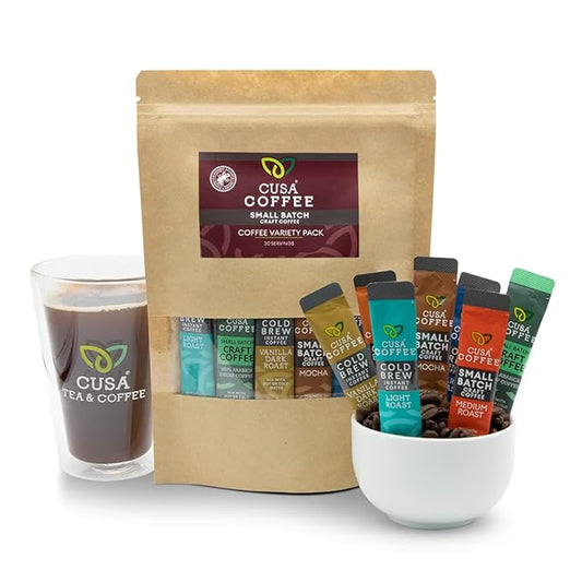 Cusa Tea Instant Coffee Variety Packets | Light Medium Dark Vanilla Mocha and Dirty Chai Flavors | Premium Coffee Drink Mix Gifts (30 Single Pack)