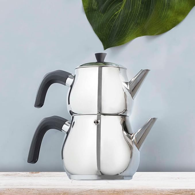 Karaca Kayra Teapot Set, Stainless Steel, Tea Pot 33 oz, Kettle 59 oz, Black Silver, Suitable for Induction, Tea Maker, Kettle, Turkish Tea Kettle