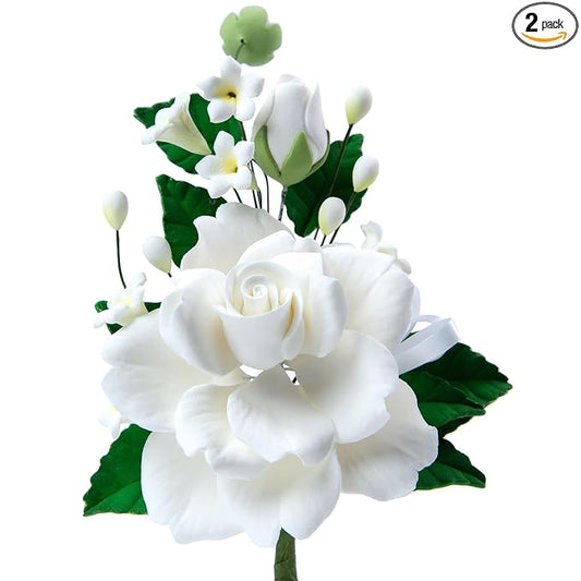 O'Creme Gumpaste Flower Spray, White Rose 4x6 with Buds - Edible Flowers for Cake Decorating - for Cakes, Cupcake Toppers - Birthday Party, Wedding, Baby Shower - Set of 2