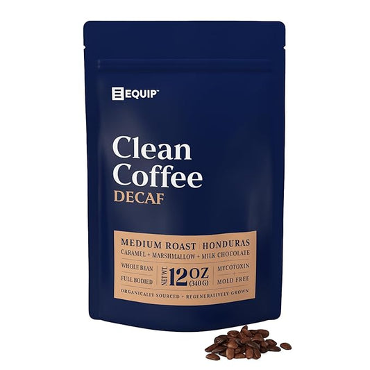 Equip Foods Decaf Clean Coffee | Gold Standard, Certified Organic, Fair Trade, Regenerative | Medium Roast, Whole Bean, Honduras | Caramel+Marshmallow+Milk Chocolate