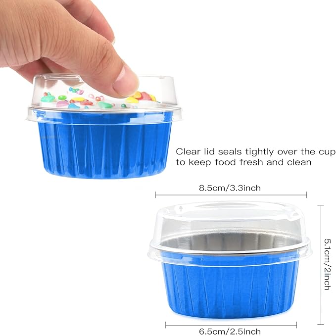 50 Pack Baking Cups with Lids, Aluminum Foil Cupcake Cups Muffin Liners, Disposable Foil Ramekins, Cupcake Holders Dessert Containers Mini Pudding Cups (Blue)