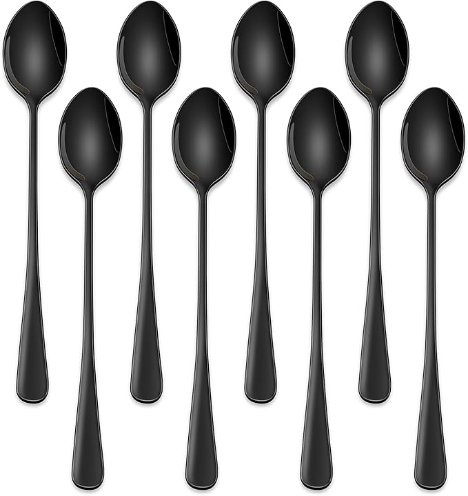 7.5 Inches Black Coffee Stirring Spoons Set,Set Of 8 Stanless Steel Iced Teaspoons,Long Handle Mixing Spoons For Cocktail And Sundae,Long Ice Cream Spoons