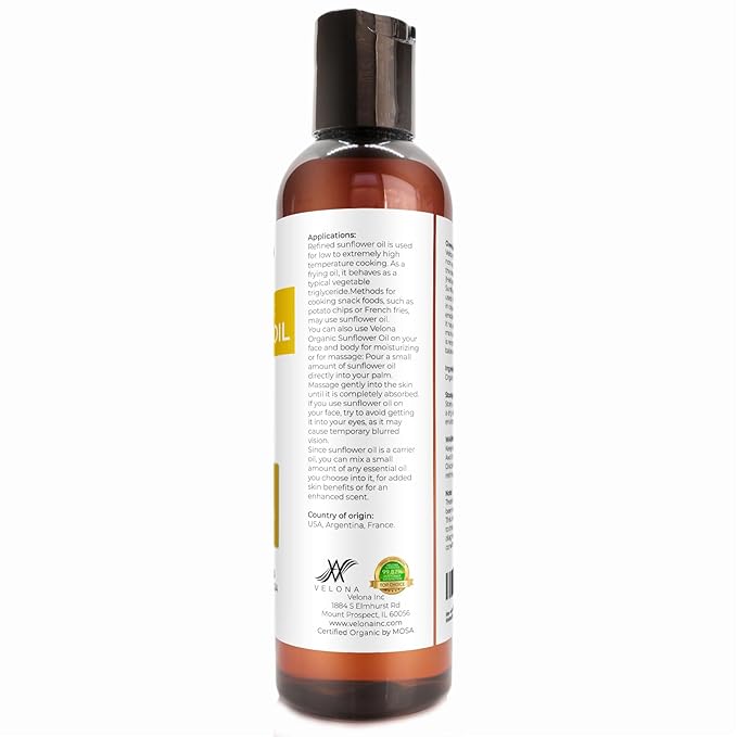 velona USDA Certified Organic Sunflower Oil - 4 Fl Oz | 100% Pure and Natural Carrier Oil | High Oleic, Refined| Cooking, Skin, Hair, Body & Face Moisturizing