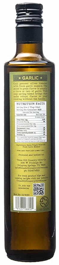Texas Hill Country Olive Co Garlic Infused Olive Oil - Cold Pressed Gourmet EVOO Olive Oil - Great for Dressing Dipping Marinade - No Artificial Flavors or Added Sugar - Made in Texas (16.9 oz)