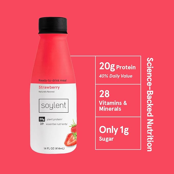 Soylent Strawberry Meal Replacement Shake, Ready-to-Drink Plant Based Protein Drink, Contains 20g