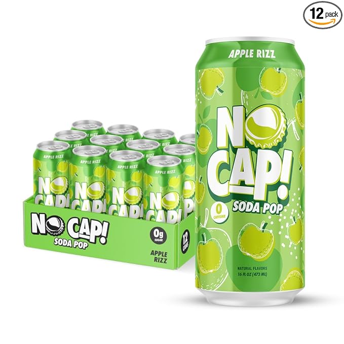 No Cap! Healthy Soda Drinks For Kids, Teenagers & Adults,Natural Flavors, Zero Sugar, Zero Calorie, Caffeine Free,16 Oz Cans, (12 Pack) Apple Rizz