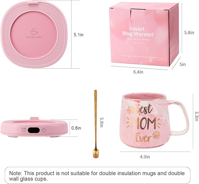 Coffee Mug Warmer & Best MOM Ever Mug Set, Electric Cup Warmer for Desk Office Home, Beverage Warmer with 4 Temperature Setting, 8H Auto Shut Off, Mom Gifts from Daughter Son