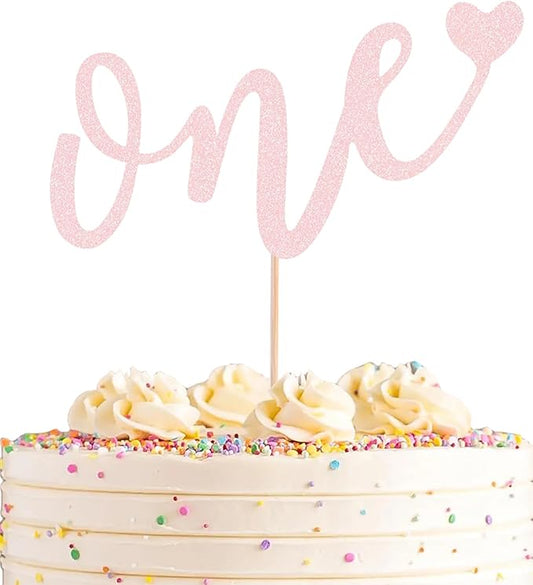 First Birthday Cake Topper - Light Pink Glitter Love One Birthday Cake Decorating Supplies, Perfect for Baby Shower/Gender Revealing Party/Baby Party Photo Booth Props
