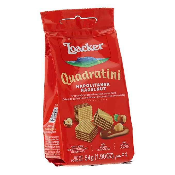 Loacker Quadratini Hazelnut Bite-Size Wafer Cookies, Crispy Wafers with 4 Creamy Layers of Hazelnut Cream Filling, New On-the-Go Pack, Box of 12