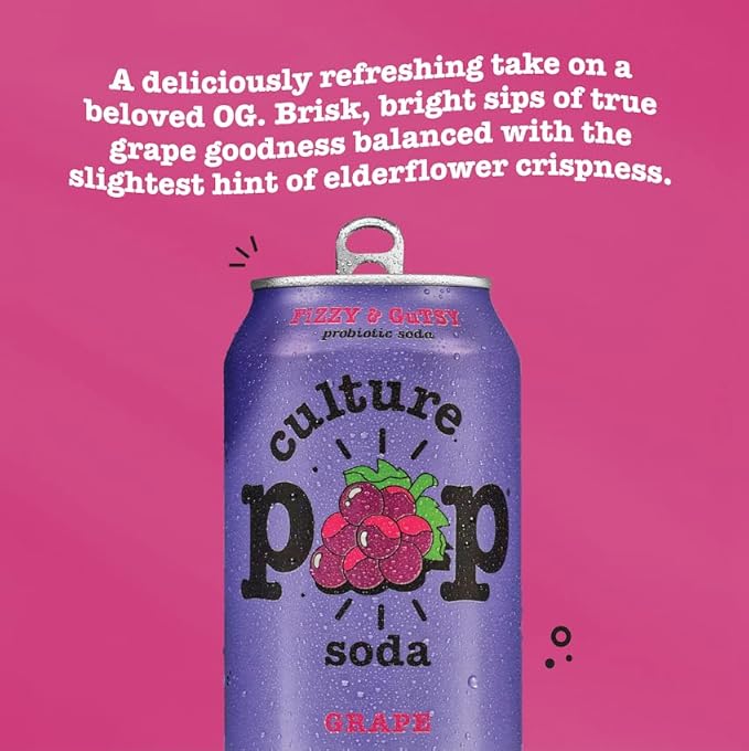 Culture Pop Soda, Grape, Probiotic Low Sugar Soda, Sparkling Juice Alternative, Non-GMO, Kosher, Gluten-Free, No Stevia (12pk)