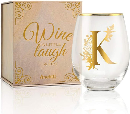 Onebttl Unique Stemless Wine Glasses, Initial Wine Cup for Red or White Wine - 18oz, Monogrammed, Gold - for Women, Girls, Female, Her, Friends, Coworkers, Clients - for Birthday, Christmas