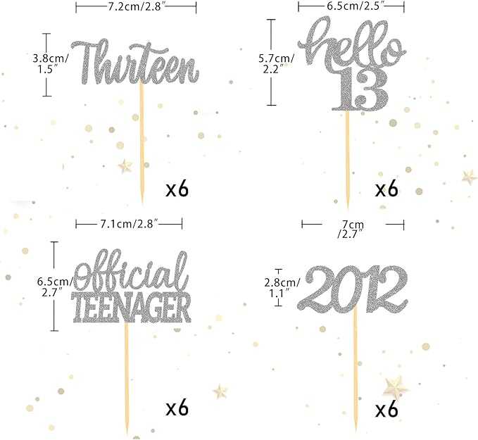 24Pcs Glitter 13th Birthday Cupcake Toppers, Hello 13th Birthday Cake Topper- 13th Birthday Decorations for Celebrating Official Teenager Thirteen Years Old Birthday Party Supplies (Silver)
