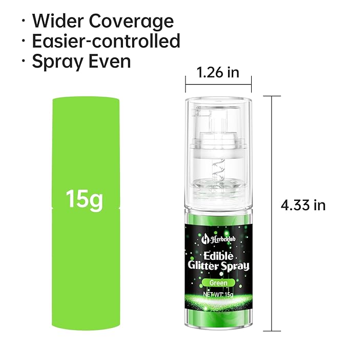 Green Edible Glitter Spray - Herbeklab 15g Edible Glitter for Cakes, Food Grade Metallic Shimmer Powder, Edible Green Spray for Cookie Decorating, Chocolate, Strawberries