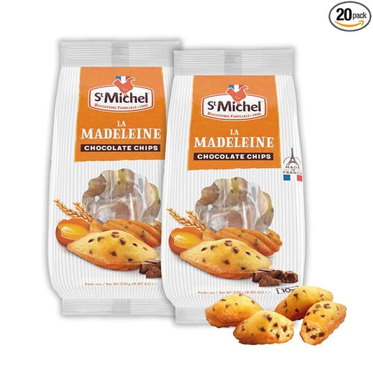 St Michel Chocolate Chip Madeleines French Sponge Cakes Made In France, Pack of 2 (250g each) Non-GMO. Total of 20 Individually wrapped All Butter Traditional Madeleines Sponge Cakes