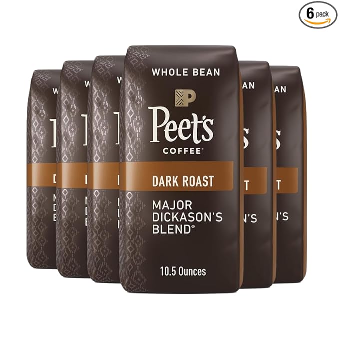 Peet's Coffee, Dark Roast Whole Bean Coffee - Major Dickason's Blend 63 Ounces (6 Bags of 10.5 Ounces)