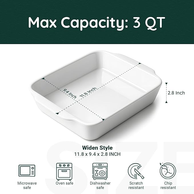 3 QT Wide Ceramic Baking Dish, White Casserole Dish with, Lasagna Pan for Oven, Ceramic Baking Pan, Kitchen Decor, Microwave Oven Safe, Dinner, Weddingç«?.4" x 11.8"ç«?,<div>
