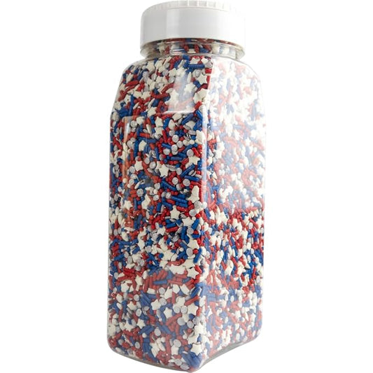 Cake Mate Party Size Patriotic Shimmer Sprinkles ??Red, White & Blue Confetti Sprinkles with Stars for Cakes, Cupcakes, Cookies, and More ??Easy Pour Lid, 26oz