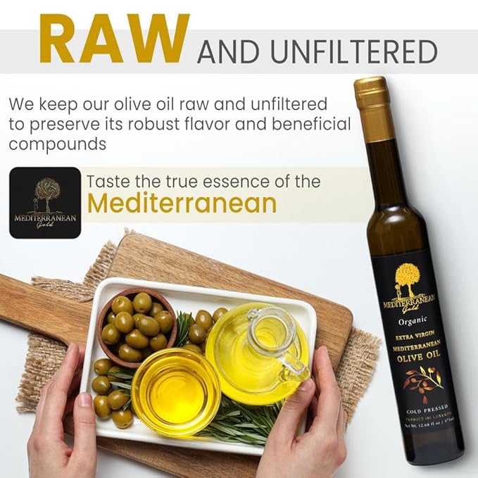 Mediterranean Gold Organic Olive Oil Extra Virgin - First 100% Nature-Made Cold Pressed, Unfiltered & Hand-Harvested, Ensure High Polyphenol With Antioxidant Count - For Foods Salads & Meats