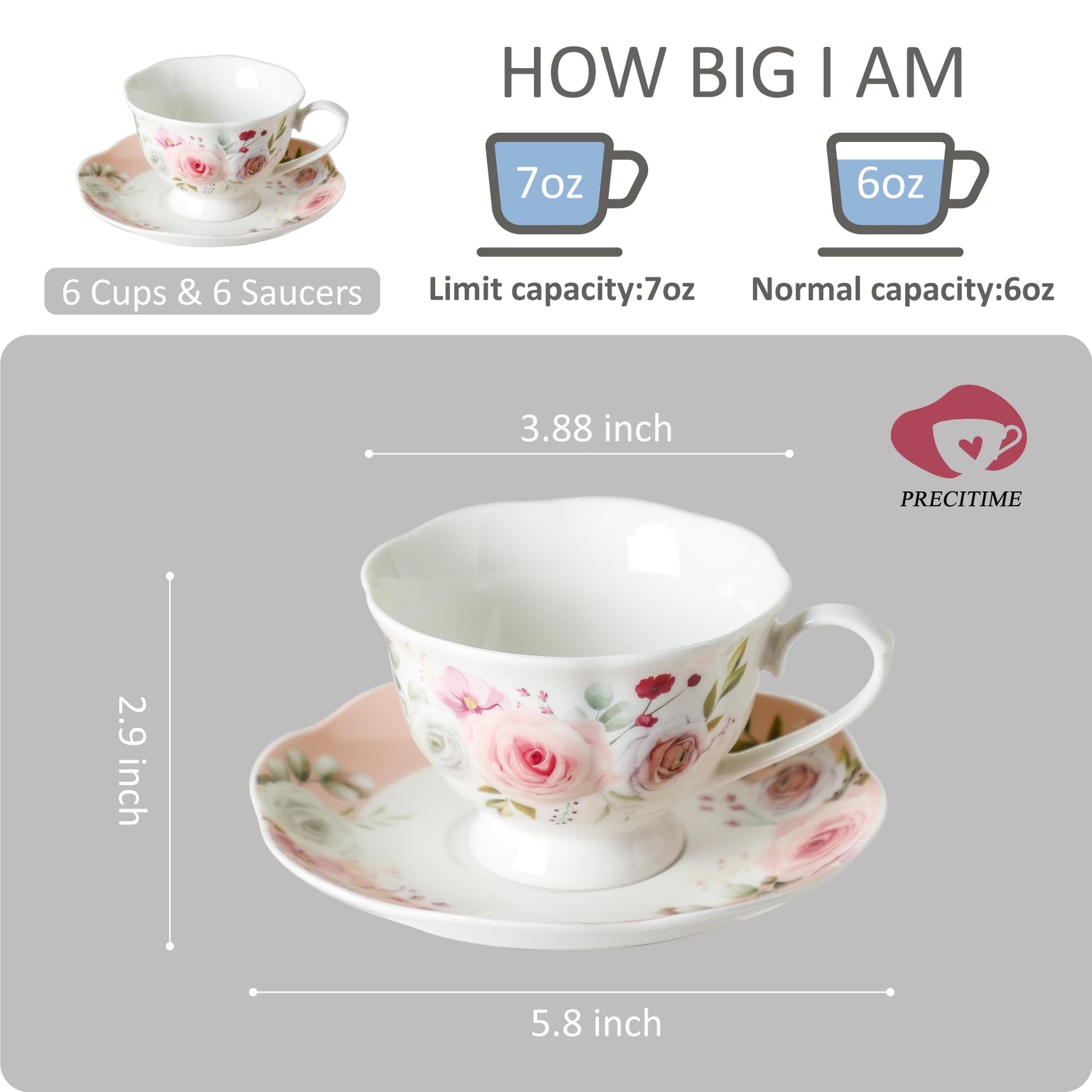 PRECITIME 6oz Floral Porcelain Tea Cup & Saucer Set of 6, Pink Rose, Party