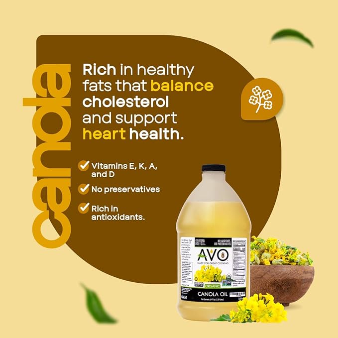 AVO ORGANIC CANOLA Oil Frying, Baking, Non-stick Saut챕ing, Salads, Vinaigrette, Marinades, Pan Coating, General Cooking 64 Fl-oz (Half a Gallon), NO preservatives added, Naturally Processed