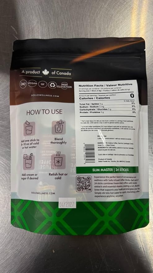 SOLLO Slim Infused Instant Coffee sticks (24 Servings) Weight Loss Healthy Body Support, Medium- Dark Roast, 100% Arabica Freeze Dried Coffee in Single Serve Sticks.