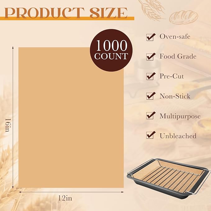 1000 Pcs 12x16 Inch Unbleached Parchment Paper Sheets, Bulk Precut Parchment Paper for Baking, Non-stick Flat Baking Sheets for Cookies, Cooking, Grilling, Air Fryer, Steaming, Oven