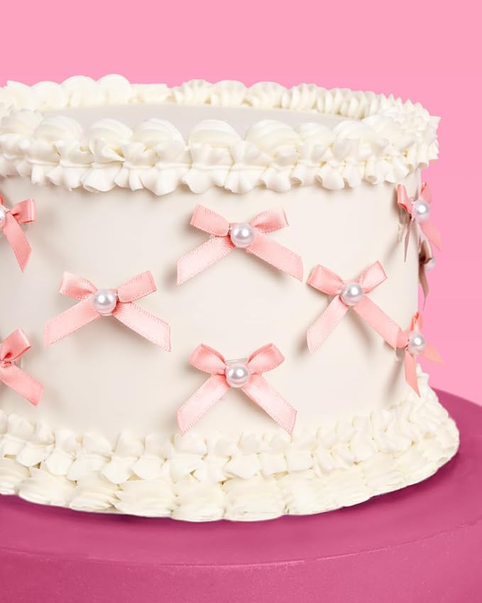 xo, Fetti Mini Pink Bow + Pearl Cake Toppers | 12 pcs | Bachelorette Party Decoration, Birthday Candle Accessory, Engagement Dessert Decor, Bridal Food Supplies