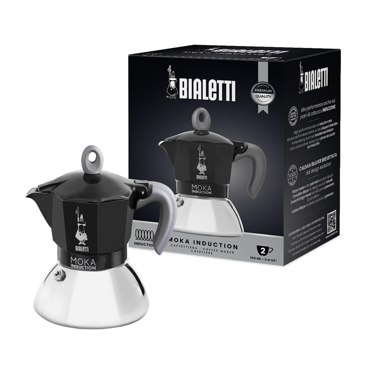 Bialetti - Moka Induction, Moka Pot, Suitable for all Types of Hobs, 2 Cups Espresso (2.8 Oz), 90