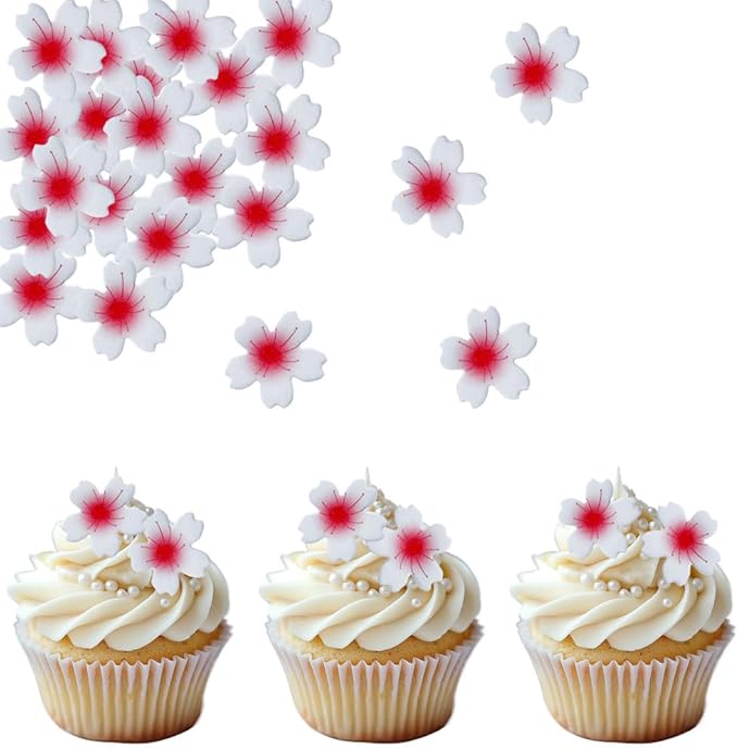 100 PCS Edible Cherry Blossom Cupcake Toppers Wafer Paper Flowers Cupcake Picks Edible Oriental Cherry Cake Decorations for Spring Bridal Engagement Baby Shower Birthday Party Cake Decoration Supplies