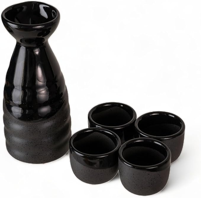 Urban Tokyo Japanese Sake 5 Piece Set Include 1 Sake Bottle and 4 Cups for Hot or Cold Sake Home or Restaurant Use Reactive Glazed Ceramic (Black Matte Gloss)