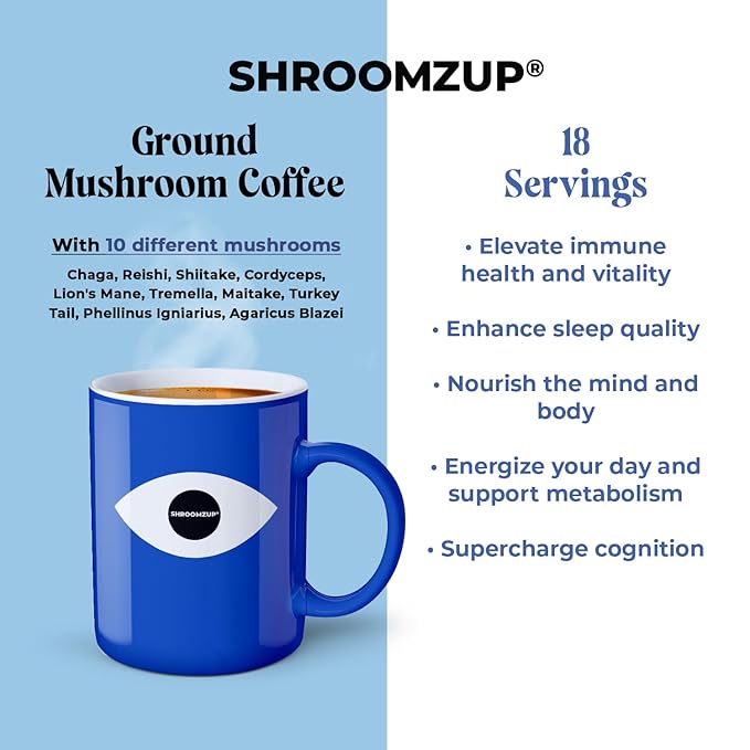 Shroomzup Ground Mushroom Coffee for Brewing - 10 Mushrooms Dark Roast - Lion's Mane, Reishi, Chaga, Turkey Tail, Cordyceps, Shiitake Mushroom Coffee for Energy and Focus - 13oz Bag