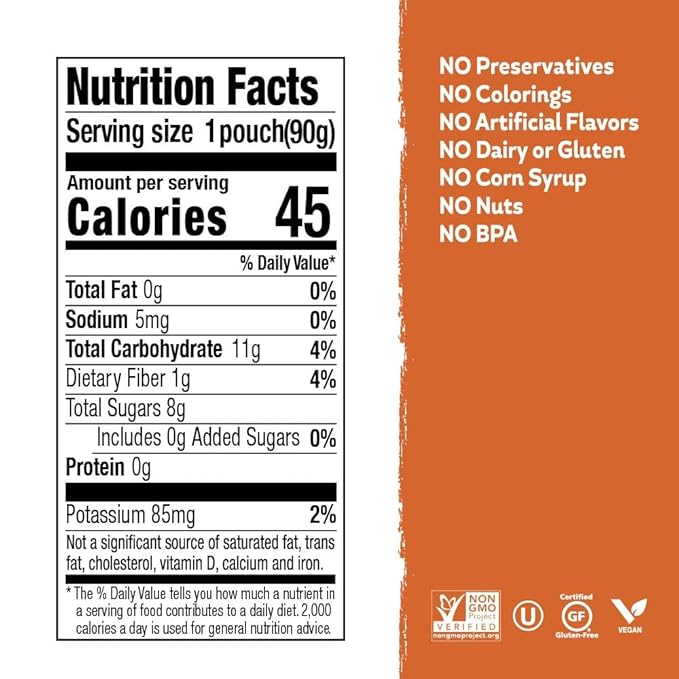 Buddy Fruits & Veggies Snacks To Go Peach Carrot Unsweetened Applesauce 3.2oz Pouch (18pk) Gluten-Nut-Dairy-Preservatives-BPA Free, Non GMO, Kosher