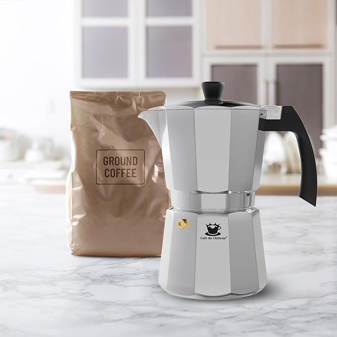 Cafe Du Chateau Moka Pot Espresso Maker - Makes 6 Espresso Cups - Stovetop Coffee Percolator with Clip Measuring Spoon - Ideal Cuban & Italian Coffee Maker