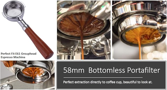 58mm Bottomless Portafilter Fits E61 Grouphead Espresso Machine Stainless Steel Naked Portafilter Along with Espresso Filter Basket Coffee Bottomless Handle-Wooden
