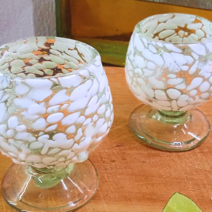 Authentic Mexican Tequila Hand Blown Shot Glasses - Set of 4-2 oz - Mini Glass Snifters - Heavy Base - Cognac (White Confetti)