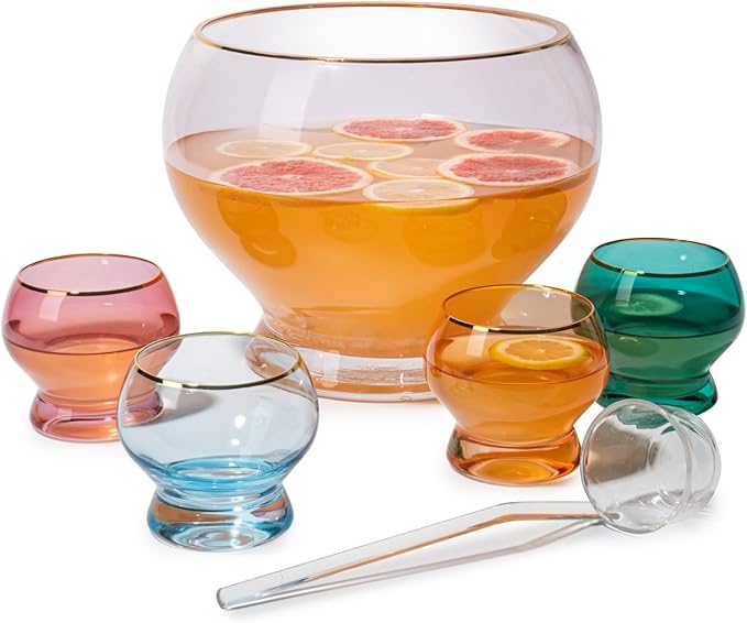 Colorful 1.7 Gallon Punch Bowl with 4 10oz Glasses Set with Ladle Gift For Mothers Day, Her, Wife, Mom, Friend - Colored Set Cocktails, Margarita, Juice, Punch Drink bowl for Parties, Weddings