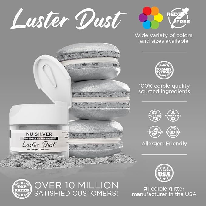 Luster Dust - Nu Silver (4g 1x Jar) | Edible Vegan Dust & Paint for Cake Decorating, Ice Cream, Desserts, Cocktails and Beverages by Bakell