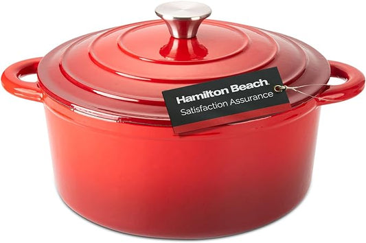 Hamilton Beach Enameled Cast Iron Dutch Oven 5.5-Quart Red, Cream Enamel Dutch Oven Pot with Lid